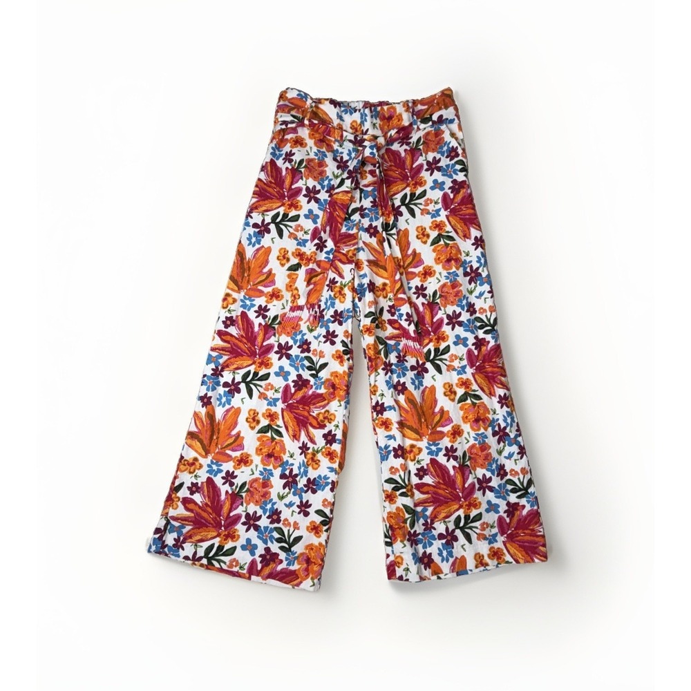 Joie Floral Linen Blend Wide Leg Crop Pants Size 8 Beaded Belt Multicolor 31x23